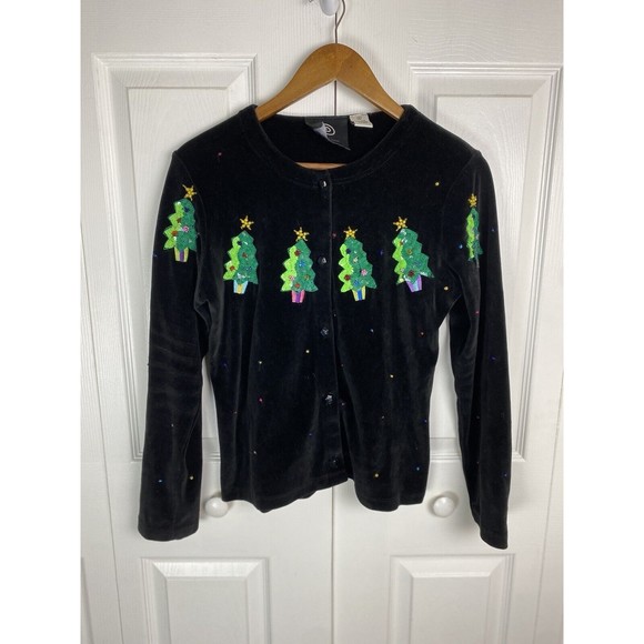 Michael Simon S Velvet Velour Cardigan Sweater Embroidered Christmas Tree Beaded - Picture 1 of 3